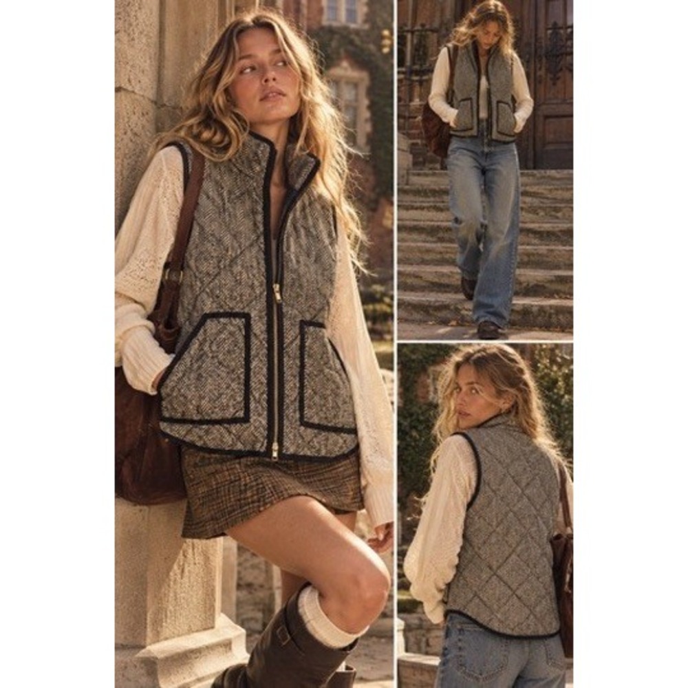 J.Crew Womens Excursion Quilted Down Vest Herringbone Black White XS 02533